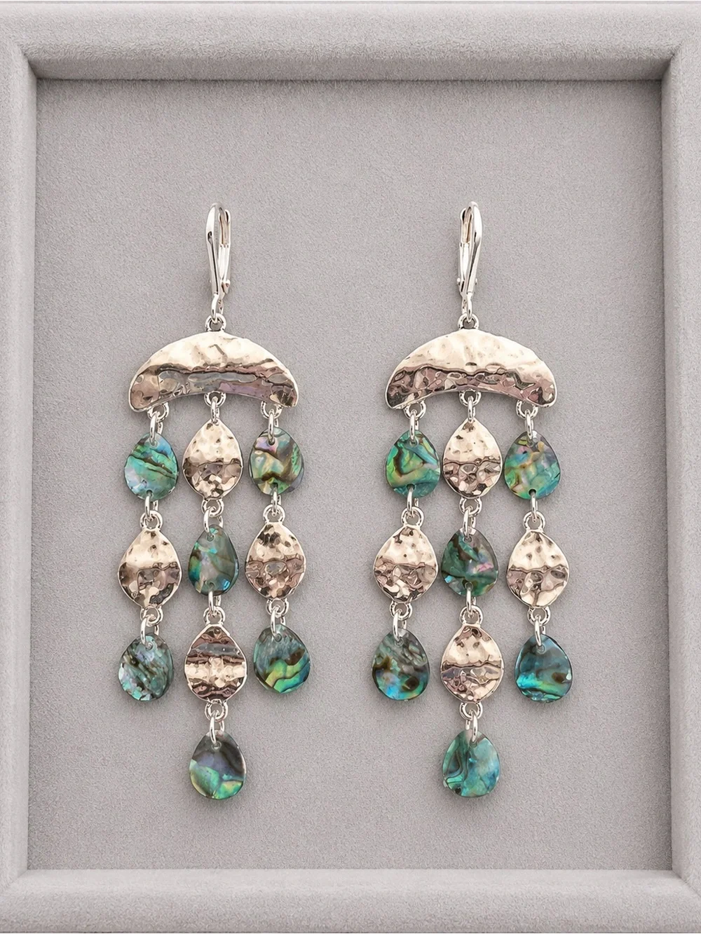 Hammered Silver and Abalone Chandelier Earrings Leverback NEW 3